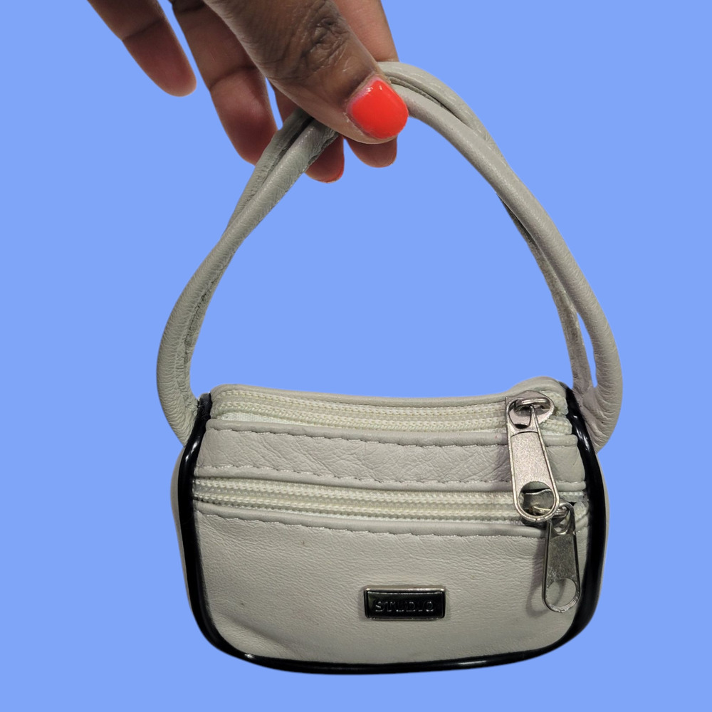 Vintage Studio Tiny Leather Bag Taupe Beige Coin Purse Pouch Change Handles Mini